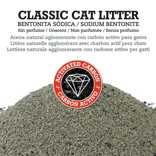 Areia higiênica clássica para gatos, com bentonita sódica e efeito aglomerante.