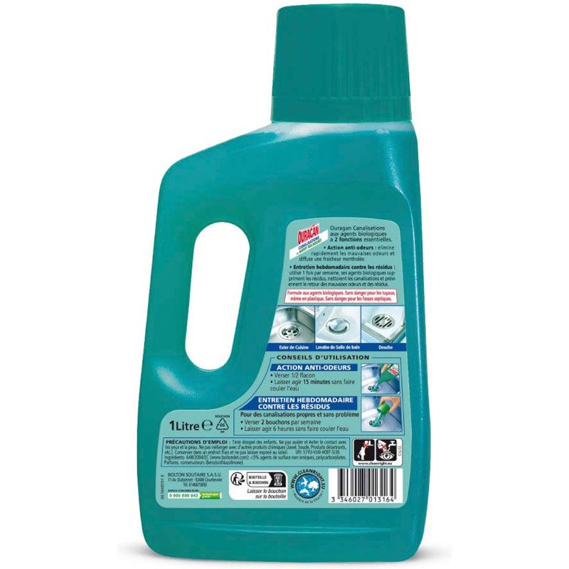 Entretien canalisations Ouragan biologique menthol – Flacon de 1 L