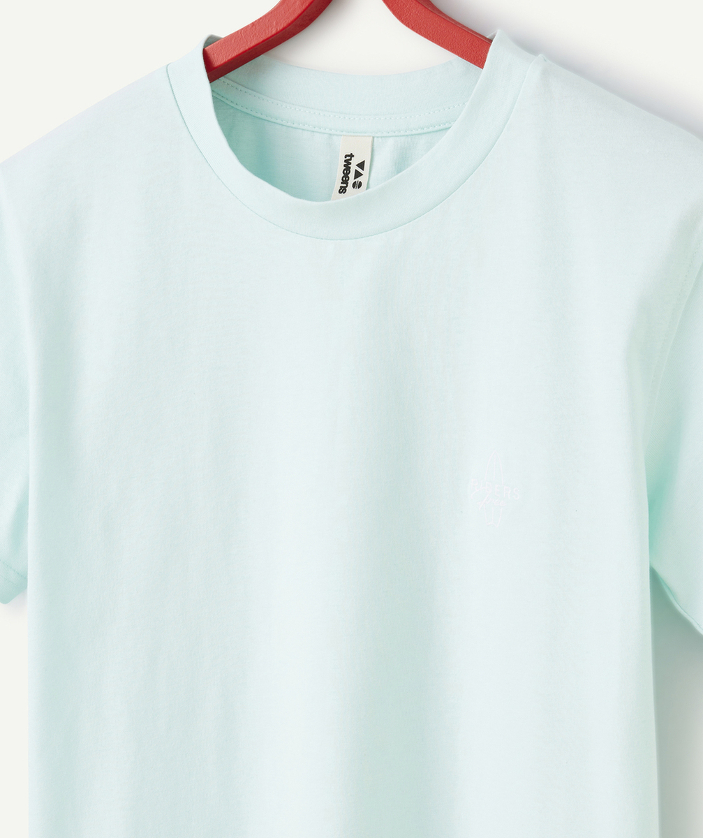 t-shirt garçon en coton bio bleu avec motifs surf et message brodés