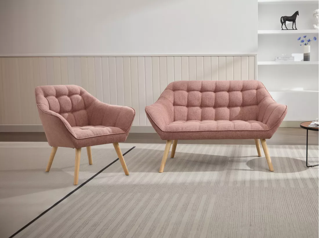 Canapé 2 places et fauteuil en tissu rose chiné CASERTA