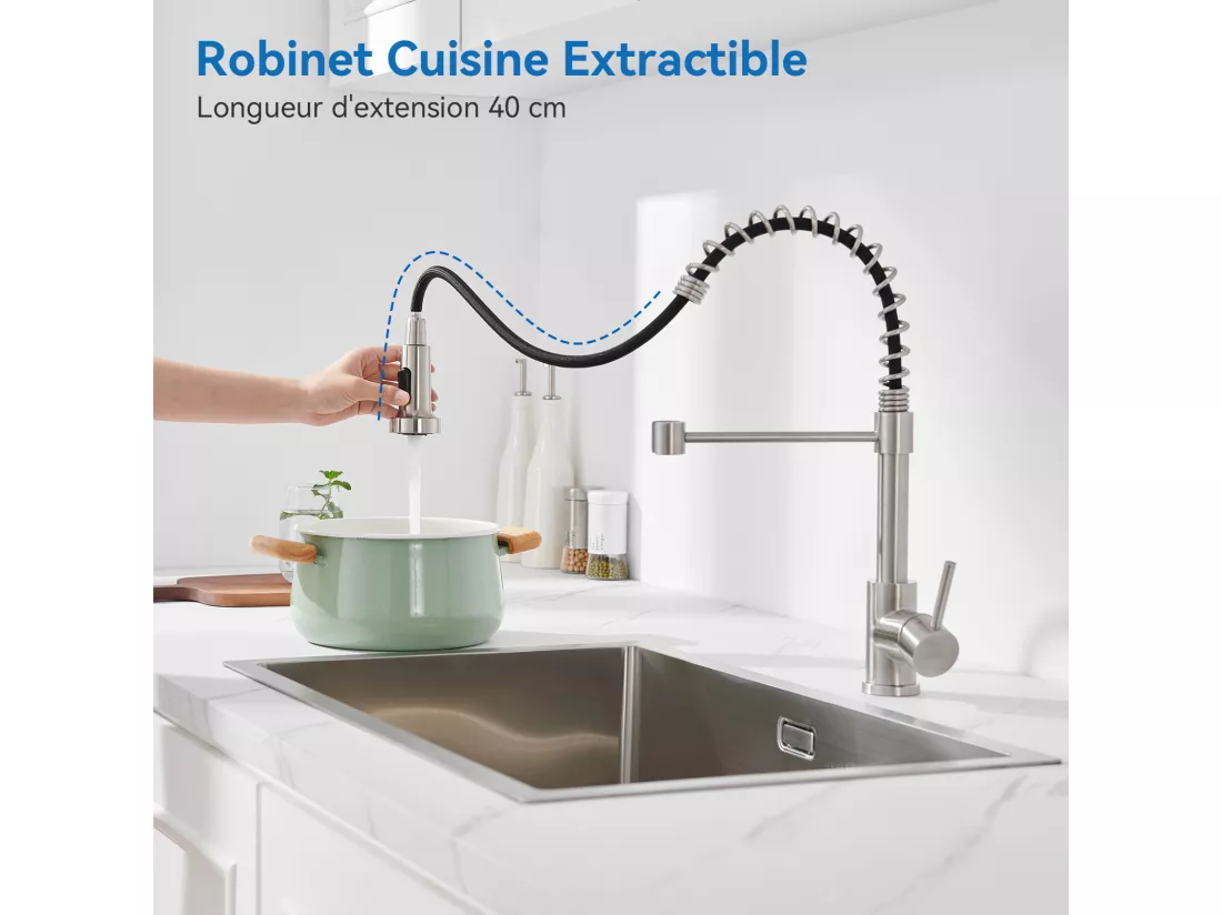 2PCS AURALUM MAX Mitigeur Cuisine à Ressort Spiralé avec 2 Fonctions Douchette Robinet d'évier Rotatif 360° en Inox 304 pour Cuisine, Brossé