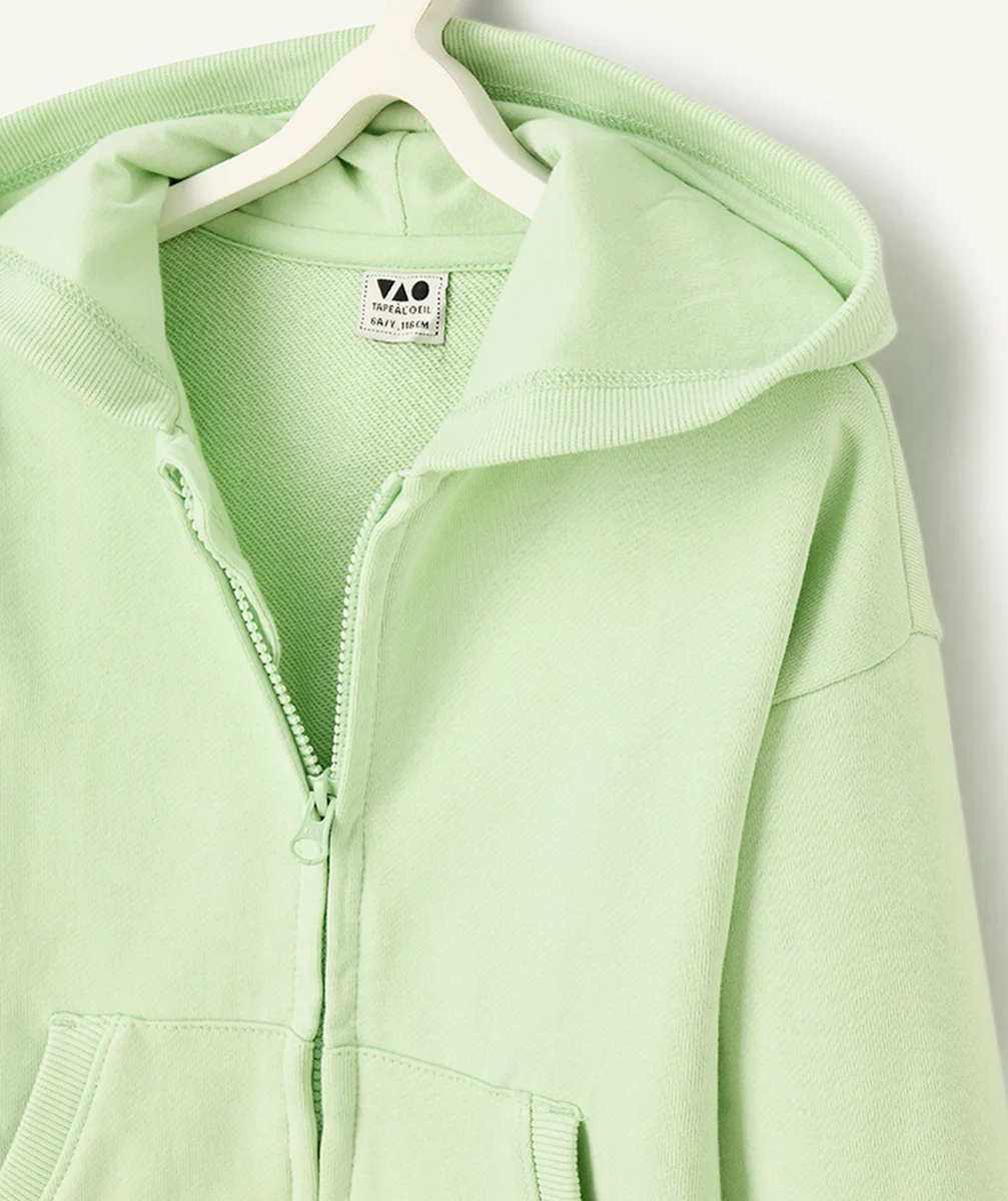 gilet à capuche garçon en coton bio vert pastel avec motif palm beach