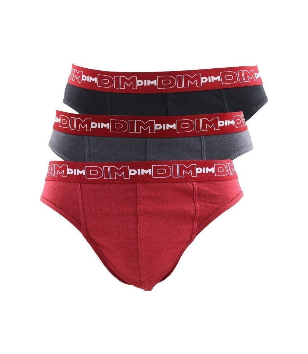 DIM Lot de 3 Slips Homme Coton STRETCH Gris plomb Rouge chili Noir