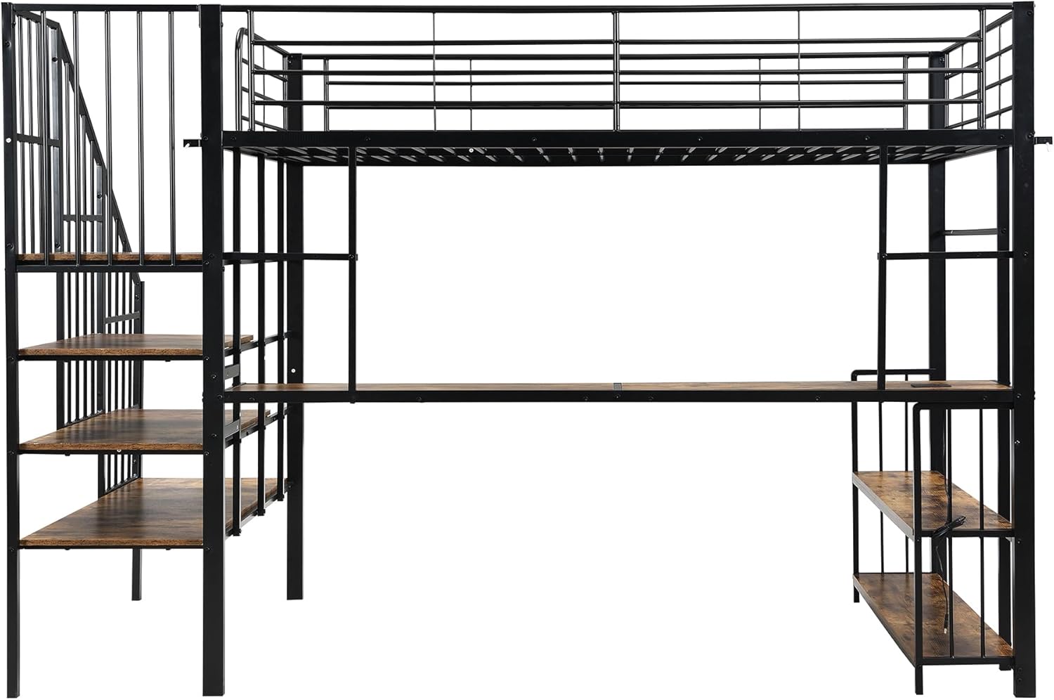 HESHU Metallbett Hochbett 120x200cm mit Schreibtisch und Ablageregal, Eisenbett Etagenbett mit offenem Kleiderschrank mit Hängebereich, Ecktreppe, Eisen + MDF, Schwarz+dunkle