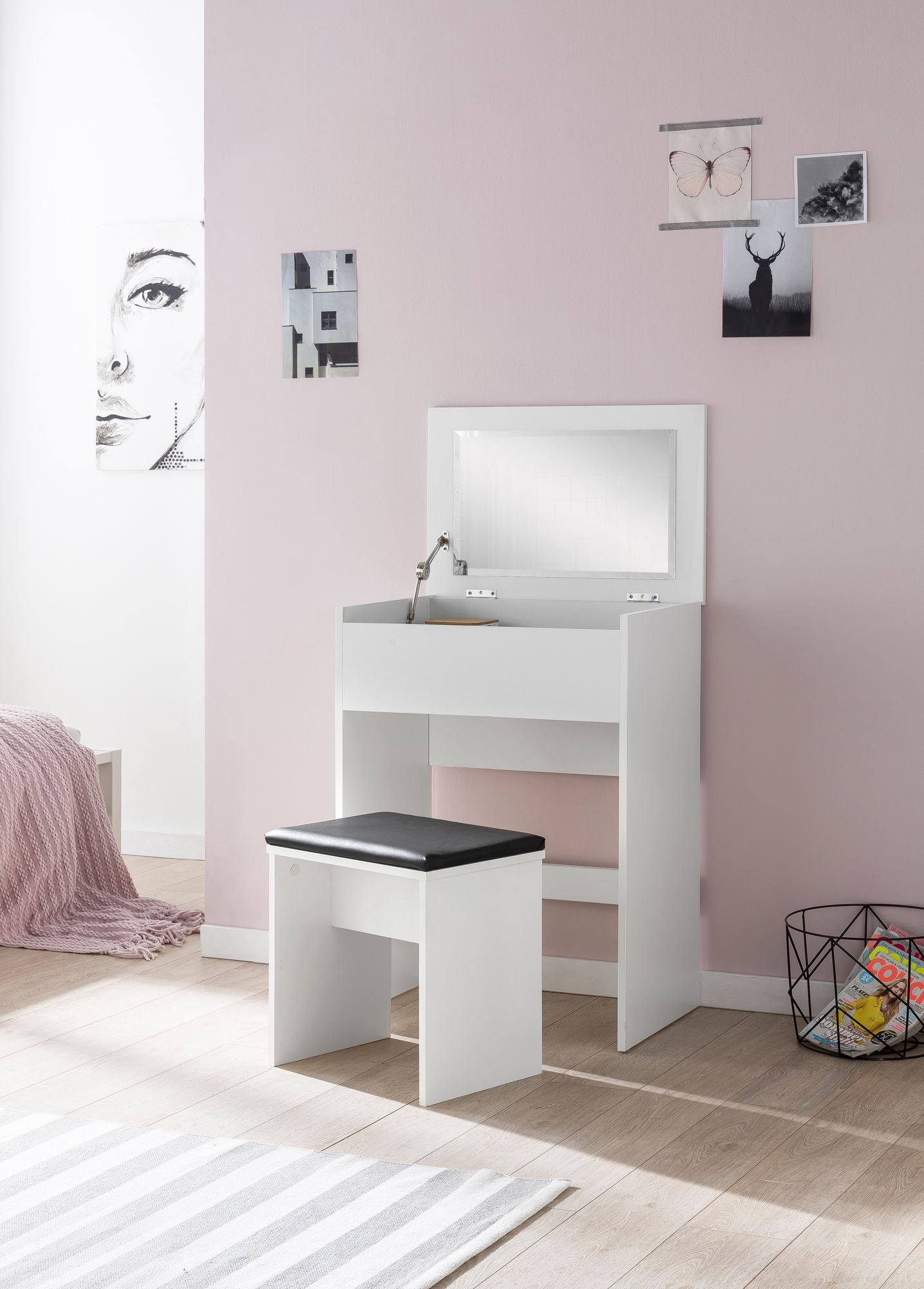 KADIMA DESIGN Moderner Schminktisch mit Klappfach und Spiegel, inklusive Hocker, Melaminharzbeschichtung