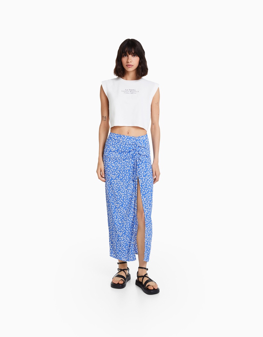 Saia midi com estampa floral