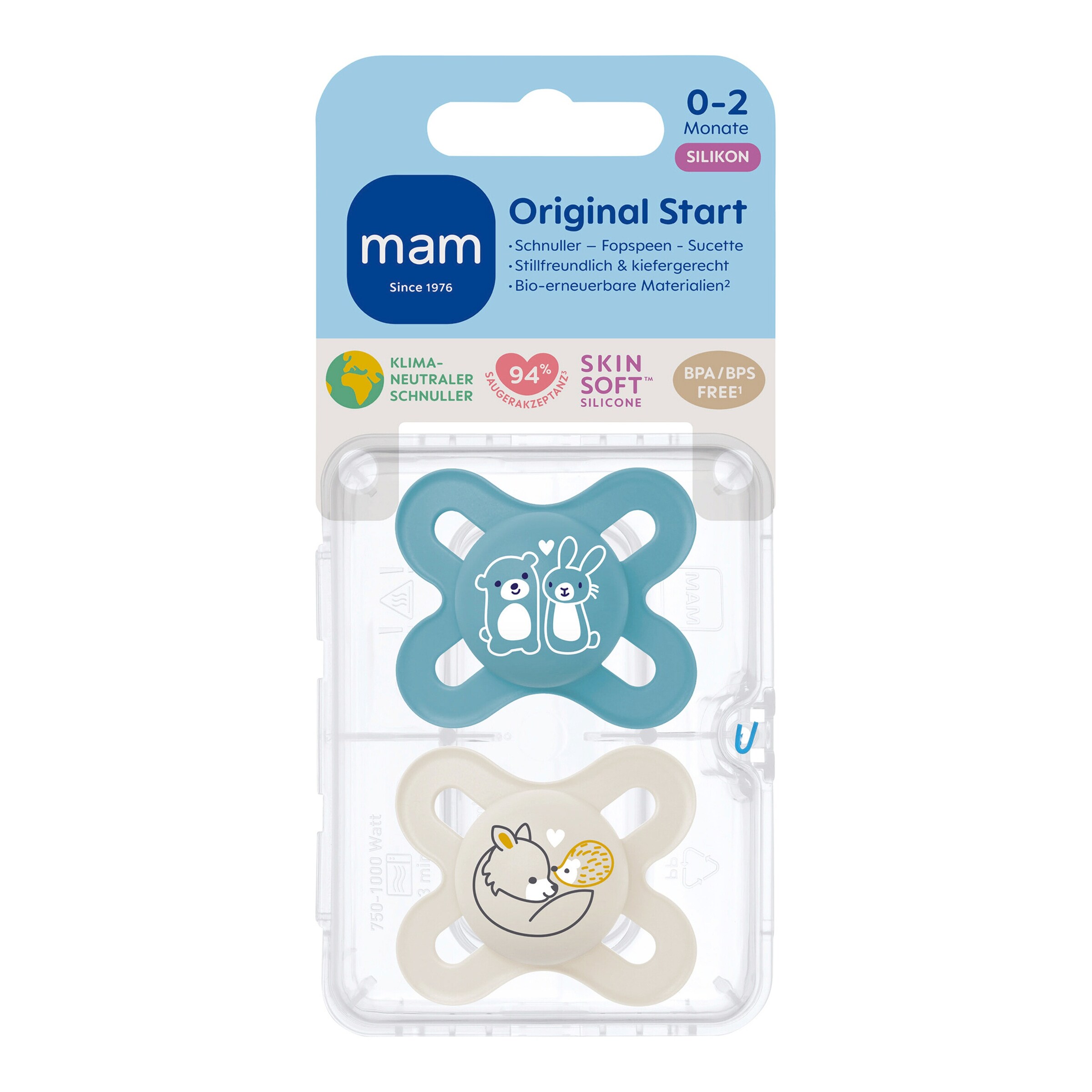 MAM 2er-Pack Schnuller Original Start Silikon, 0-2M blau
