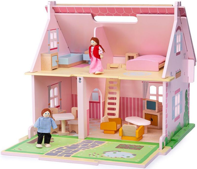 Bigjigs - Houten Villa - Poppenhuis - Duurzaam Hout - Inclusief Kinderpoppetjes
