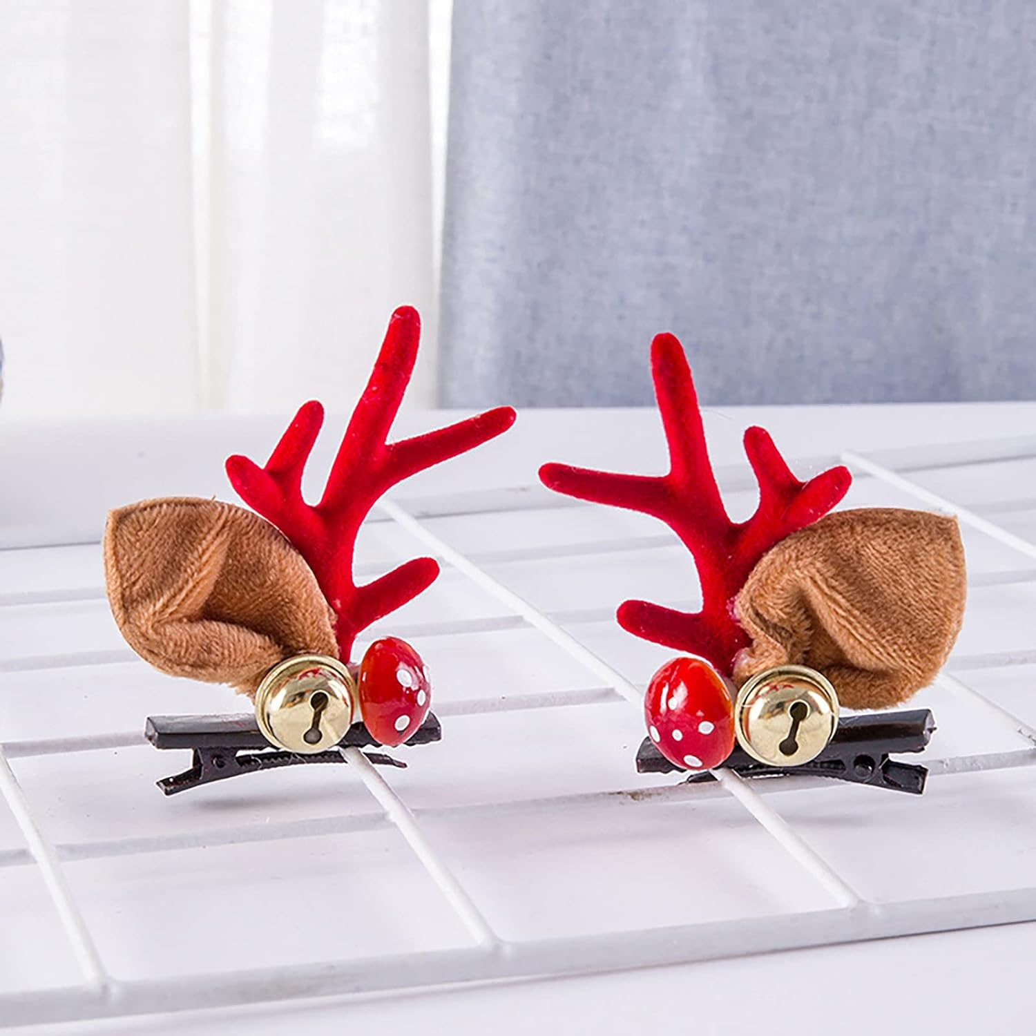 (2 Paar) Christmas Haarklammern Weihnachts Accessoire Rentier Geweih   Glöckchen - Rot / Braun