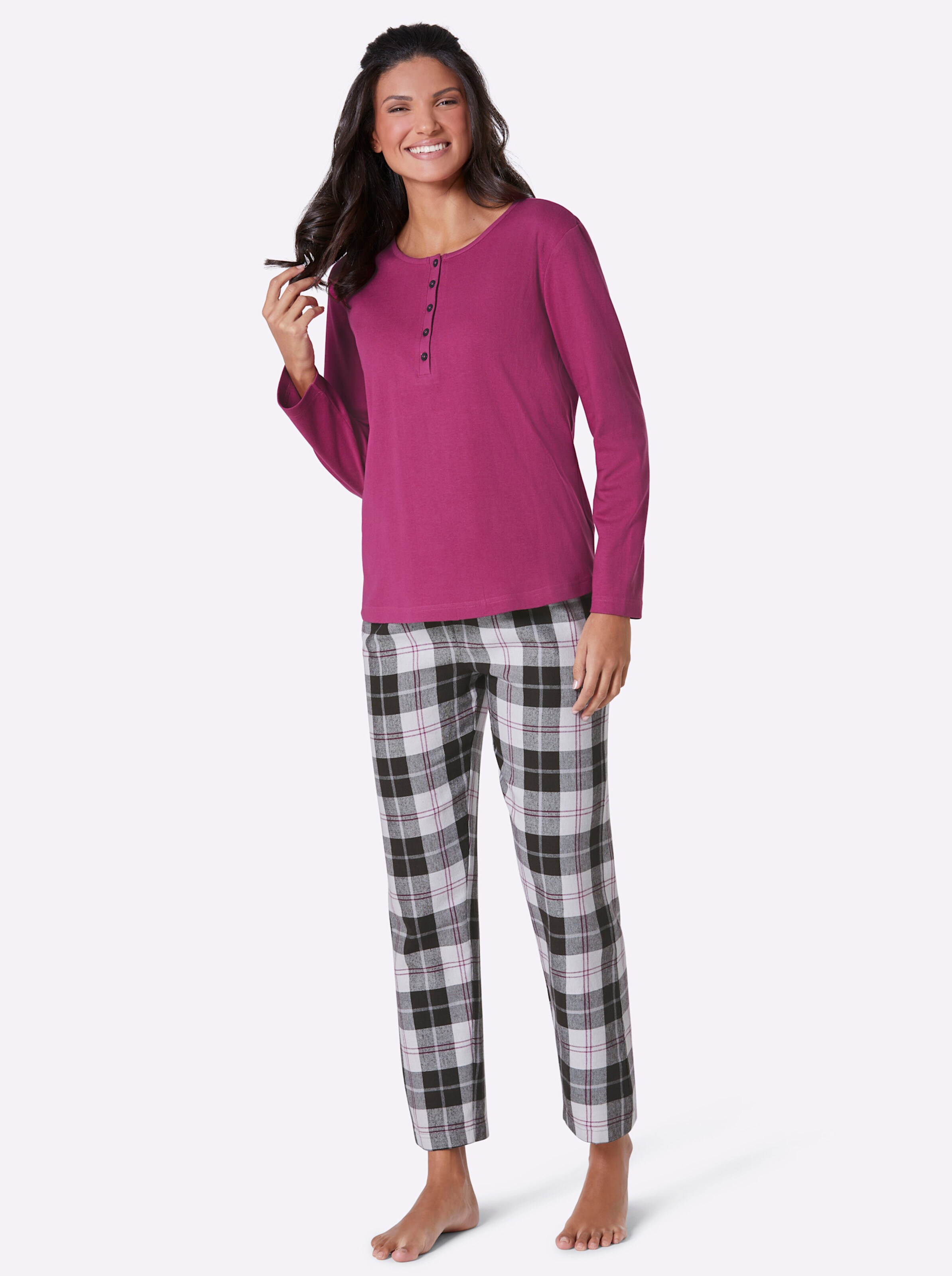 wäschepur Schlafanzug in graphit-magenta-kariert