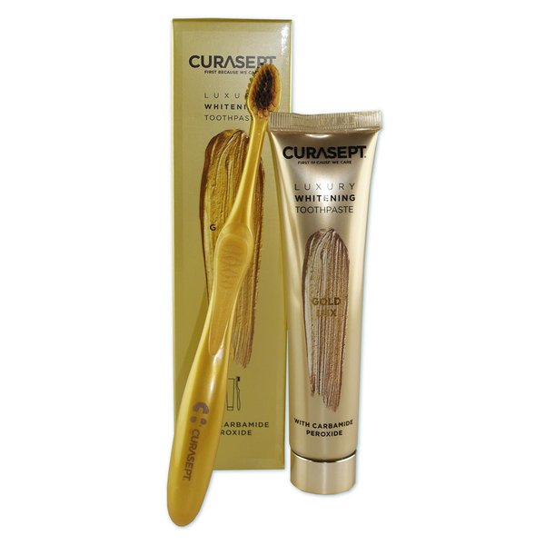 CURASEPT Gold Luxury Whitening Zahnpasta 75 ml   Zahnbürste