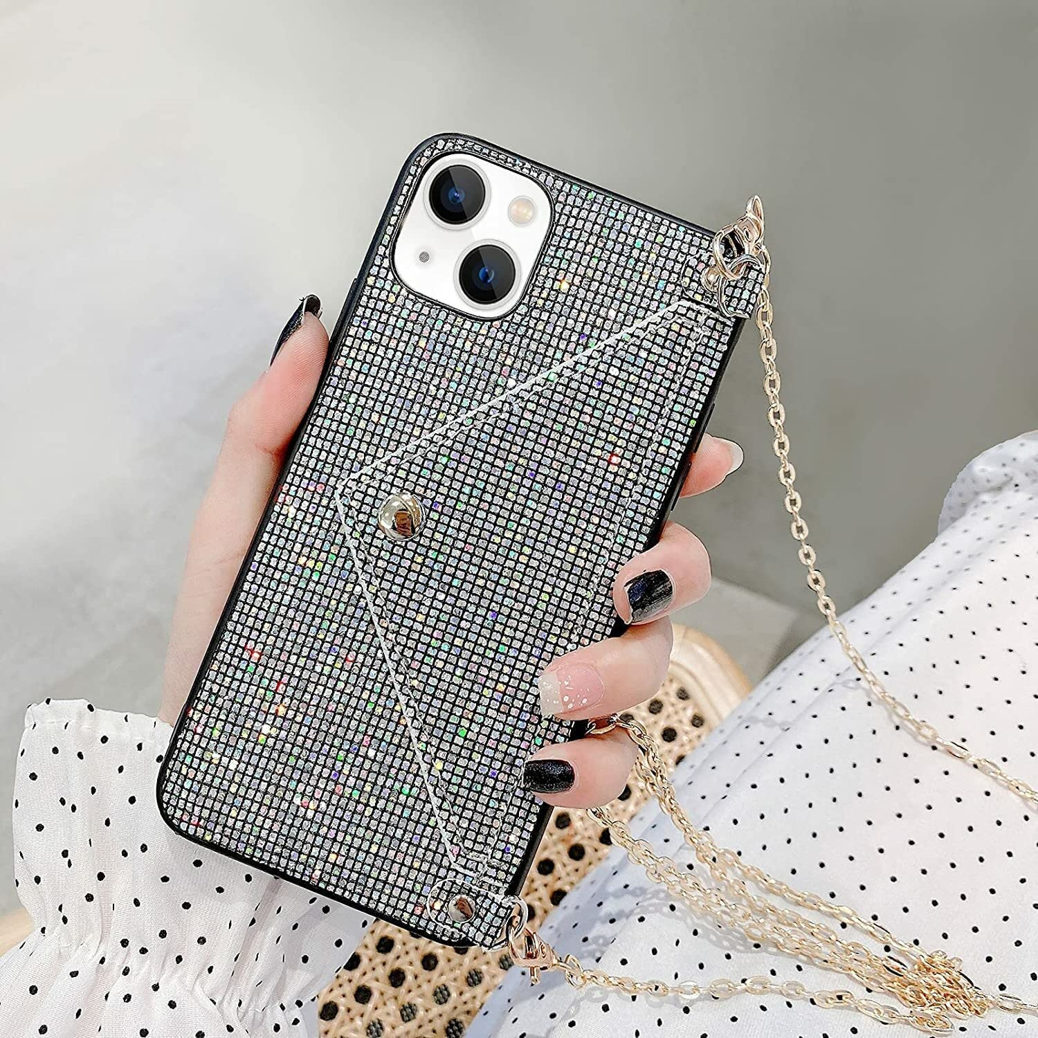 iPhone 13 Necklace Schutz Hülle mit Kartenfach   Handykette (115cm) - Schwarz (Glitzer)