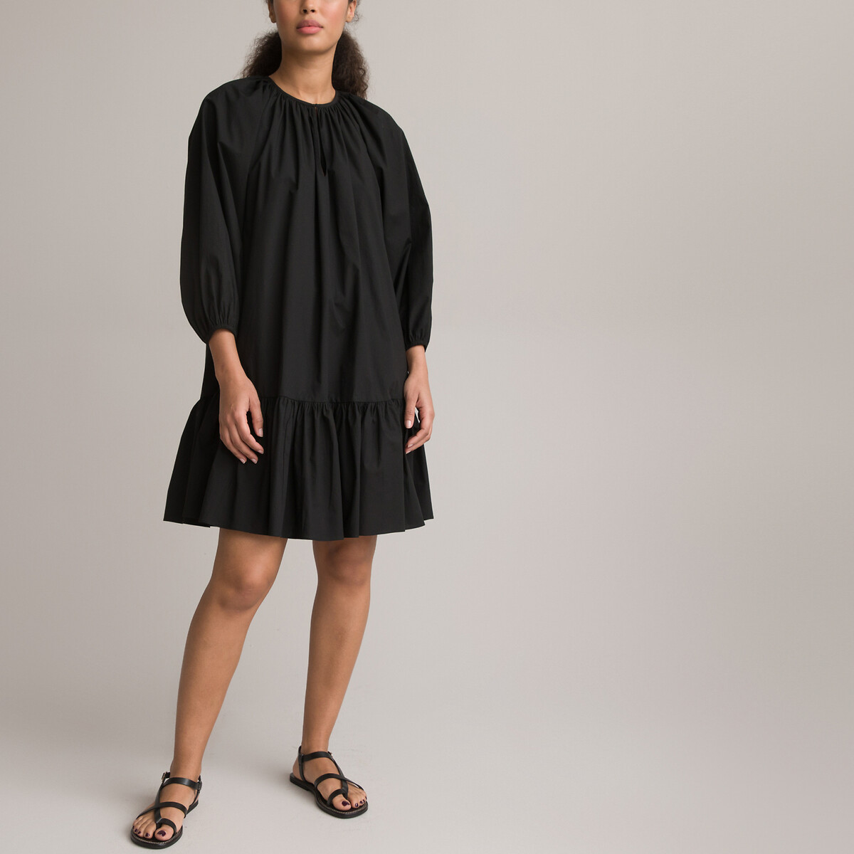 COLEÇÃO LA REDOUTE<br>Vestido com estampa de bandeira, decote redondo, mangas 3/4, comprimento midi