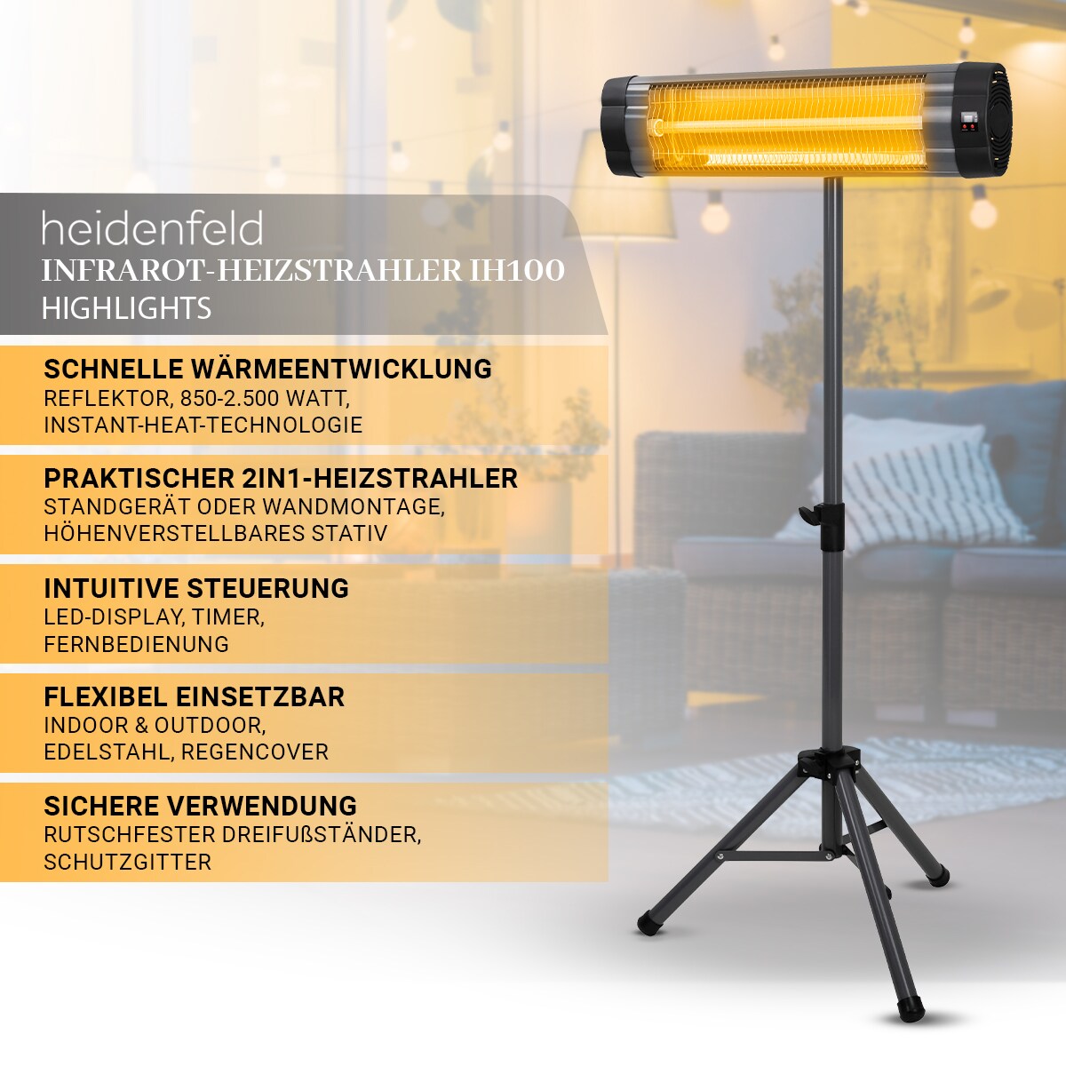 Heidenfeld Infrarot-Heizstrahler IH100, mit Stativ, 850-2500 Watt, Fernbedienung, Edelstahl, Timer
