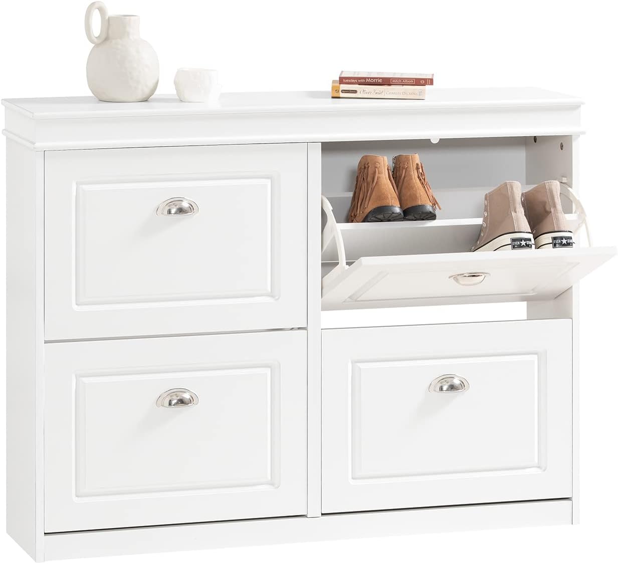 SoBuy Schuhschrank mit 4 Klappen - Schmaler Schuhkipper mit 8 Ablagen, Verstellbares Schuhregal für Diele, Flur & Eingangsbereich - Flurschrank mit Kippsicherung 105x82x24cm Weiß FSR79-W