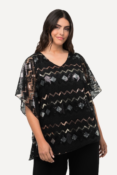 Bluse, doppellagig, Pailletten, V-Ausschnitt, Halbarm