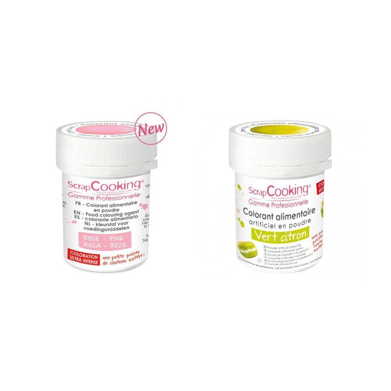 2 colorants alimentaires en poudre - vert citron-rose poudré Scrapcook
