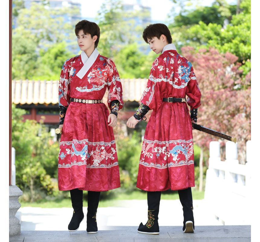 Girls Supply - Hanfu-top met lange mouwen en patroon / midirok / mouwmouwen / riem / set