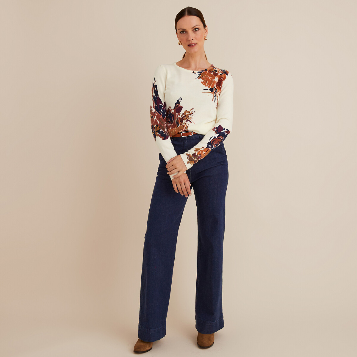 ANNE WEYBURN<br>Suéter de gola redonda estampado, em malha fina