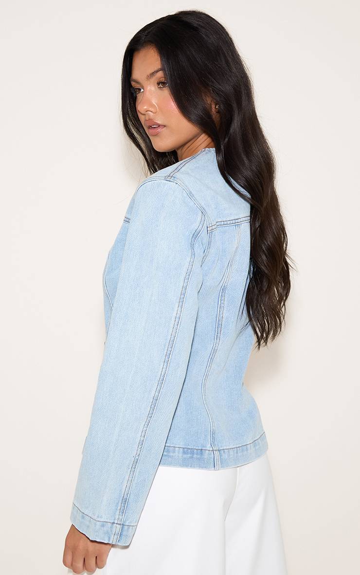Bleu Clair Veste En Jean Cintrée À Manches Longues Avec Surpiqûres Contrastées
