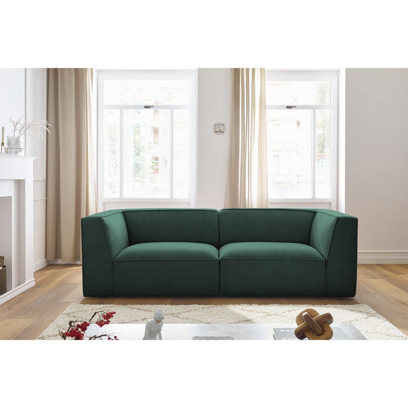 Bobochic Canapé droit fixe 3 places en Velours Molière vert - 233x99x71 cm