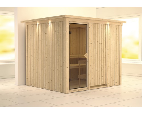 Karibu Gobina modulaire sauna zonder oven, met dakkroon en gebronsde volledig glazen deur