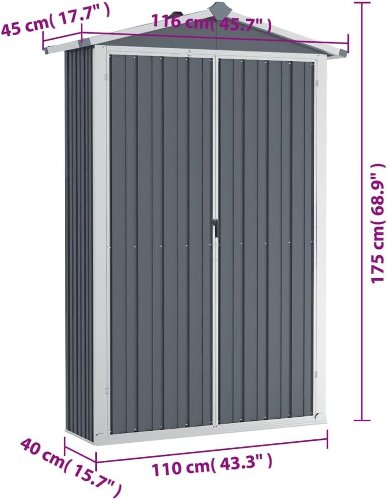 Kangmusi Gerätehaus Grau 116x45x175 cm Verzinkter Stahl, Grau 46302