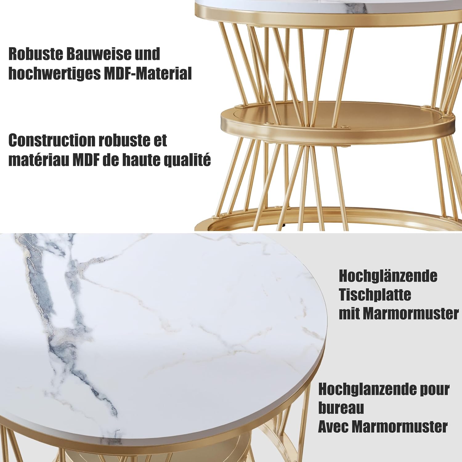 Couchtisch Rund 2er Set,Wohnzimmertisch mit Stauraum,Marmoroptik und Metallgestell,Beistelltisch,für Wohnzimmer,Balkon (Gold-4)