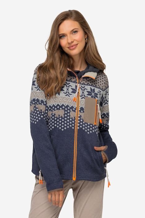 Strickfleece-Jacke, Norweger-Muster, Stehkragen, Zipper, Langarm