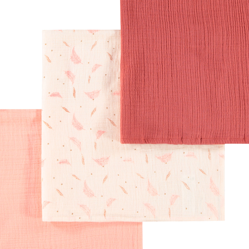 Lot de 3 langes en gaze de coton motif plumes