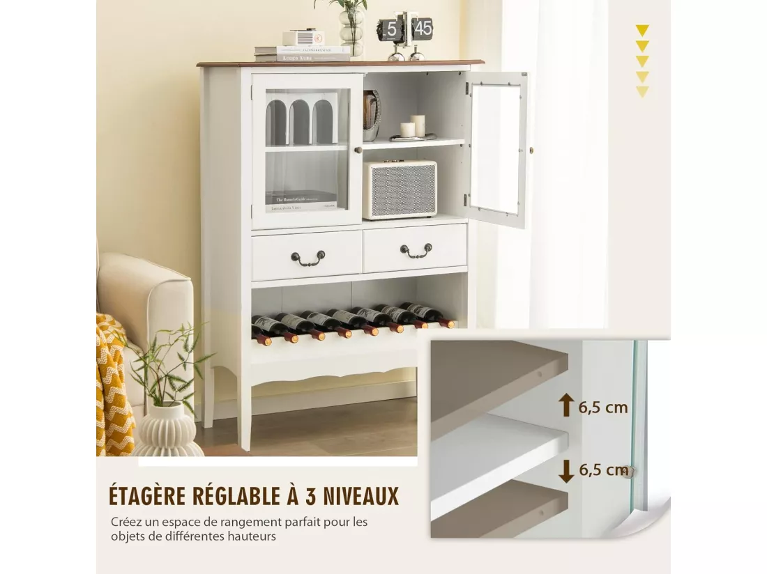 Buffet de cuisine à 2 portes vitrées avec 2 tiroirs porte-bouteilles,90x40x126,5cm blanc
