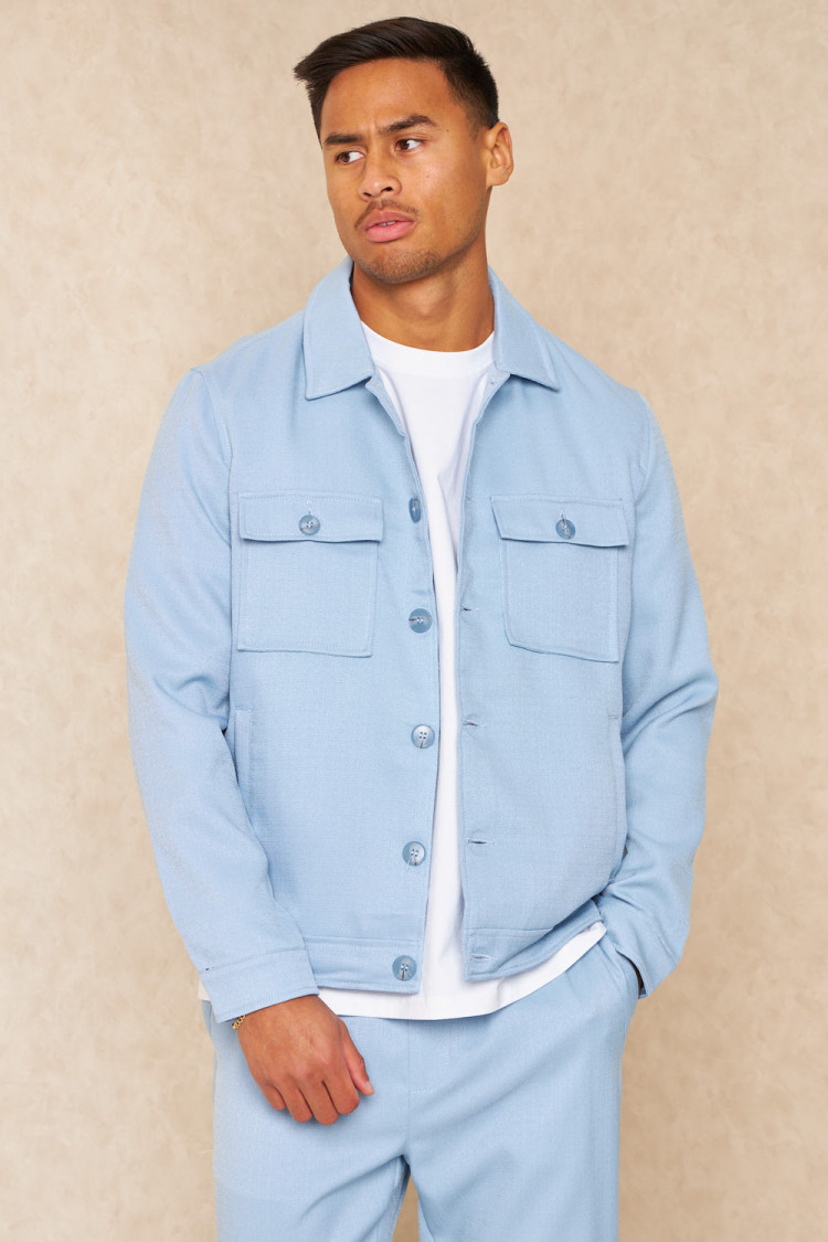 Ensemble 2 pièces surchemise + pantalon texture lin bleu clair