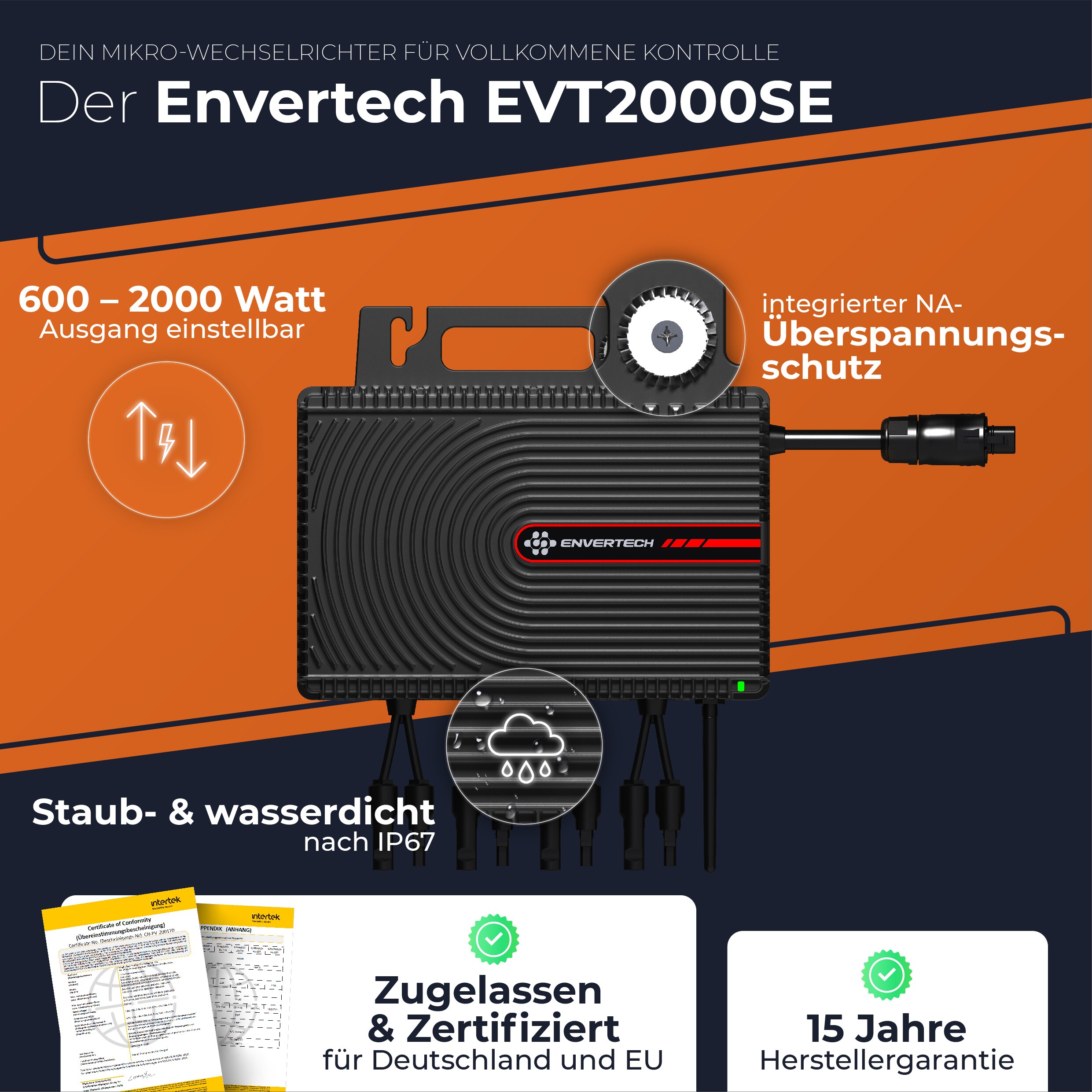 Solarway Balkonkraftwerk 2000W komplett Steckdose - neuester 2000W Wechselrichter - 500W Solarmodule & Envertech & Zubehör