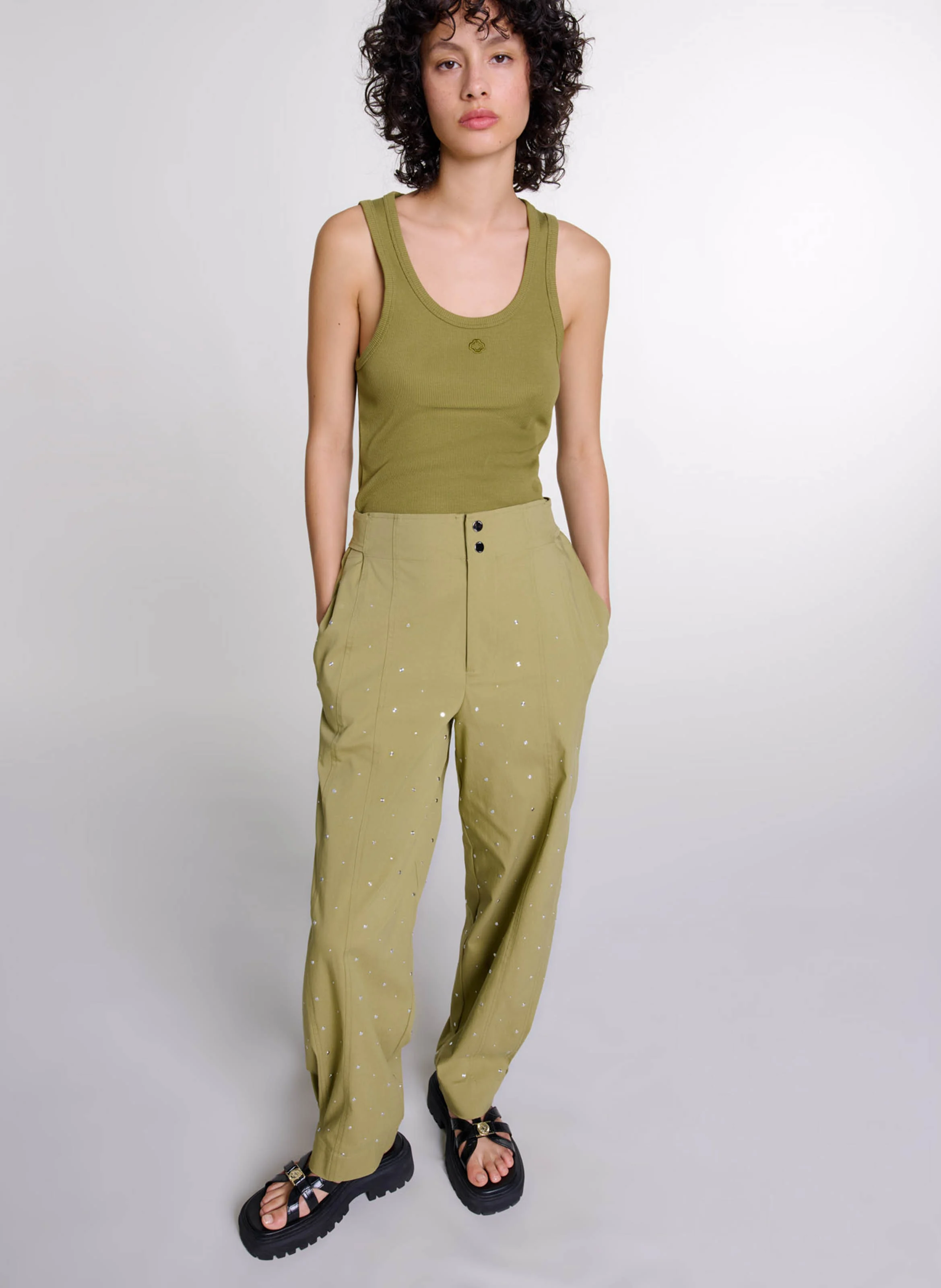 Pantalon large à rivets en coton mélangé | Kaki