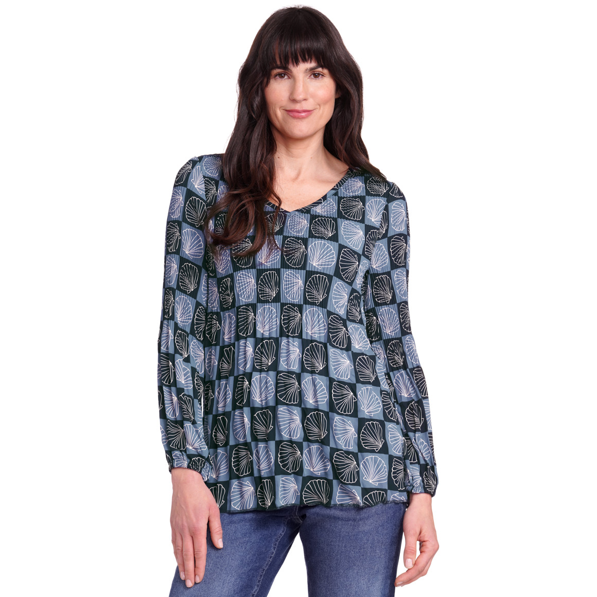 Gina Benotti Damen Plissee-Bluse mit Muschel-Motiven dunkelblau