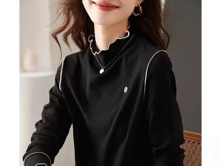 Jeonseon - T-shirt met lange mouwen, hoge hals en contrasterende rand