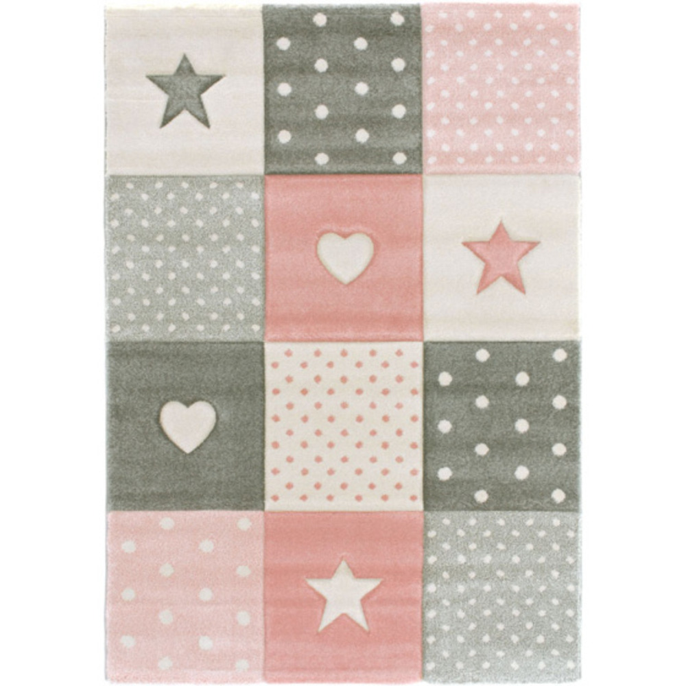 Tapis enfant fille - étoile et cœur - rose pastel gris crème - 160 x 230 cm