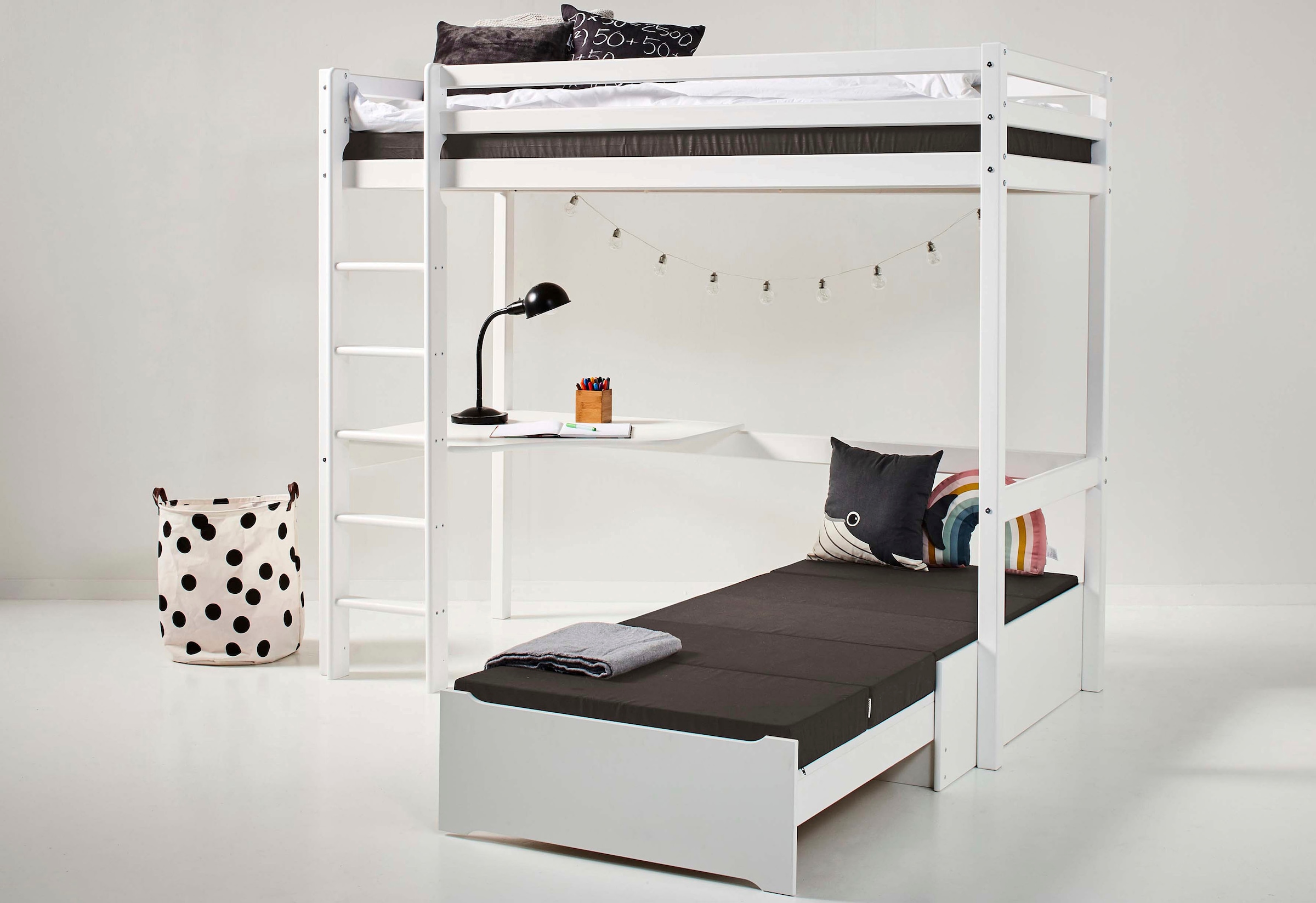 Hoppekids Hochbett »ECO Dream 90x200 mit Schreibtisch & Loungesofa / Gästebett« Kinderbett aus Massivholz, Sofa ausziehbar zum Gästebett