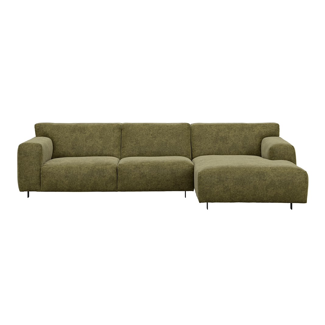 Vesta 2,5-seter med sjeselong høyre I Tekstil Eros Forest, standardsøm, sort metallben 10 cm, Comfort CM