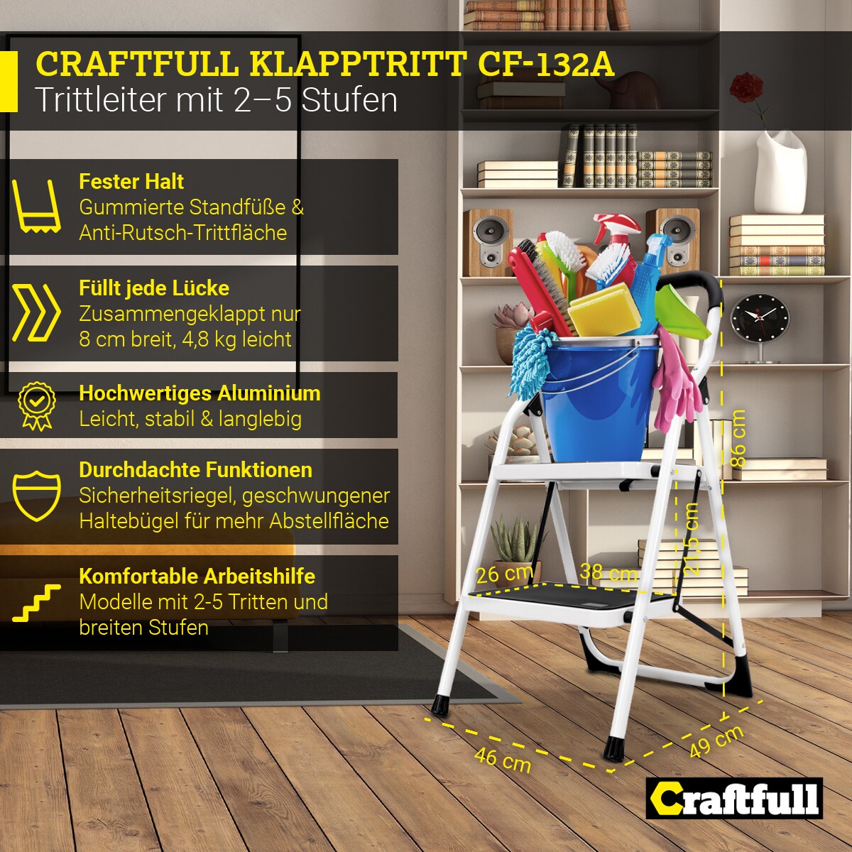 Craftfull Klapptritt CF-132A, Anti-Rutsch-Trittfläche und -füße, 2-5 Stufen, Haltebügel geschwungen (2 Stufen)