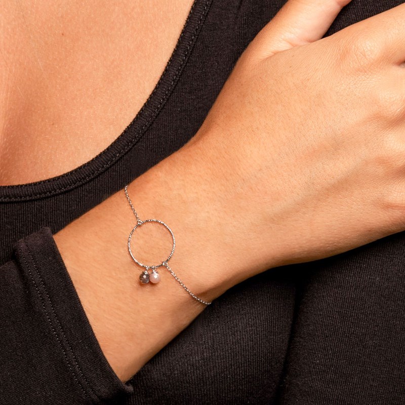 Bracelet Argent Rhodié Cercle Duo De Pierre De Lune Pèche Et Pierre De Lune Blanche