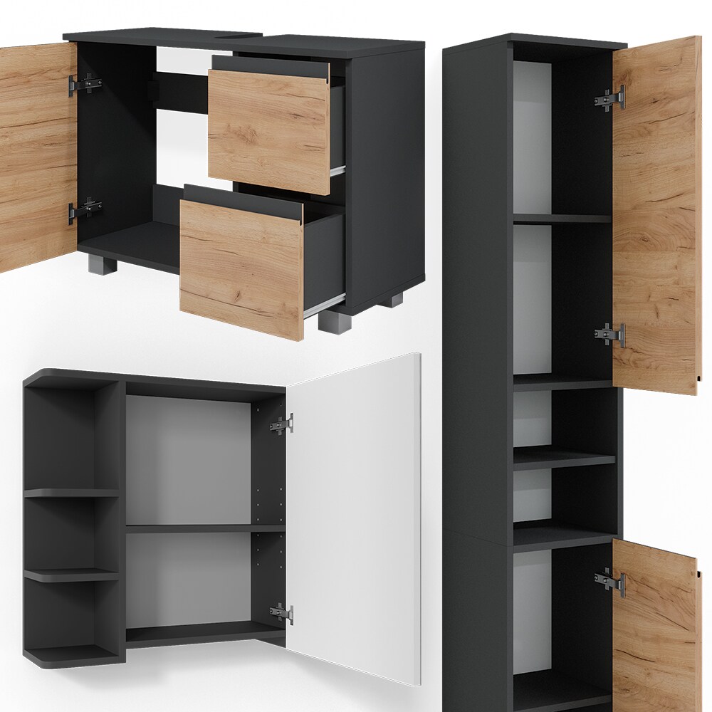 Vicco Badmöbelset J-shape Anthrazit Eiche modern Badezimmer Schrank Badschrank Waschtischunterschrank Spiegelschrank Hochschrank Schranktür Schrankschublade Schrankfach Ablage Aufbewahrung