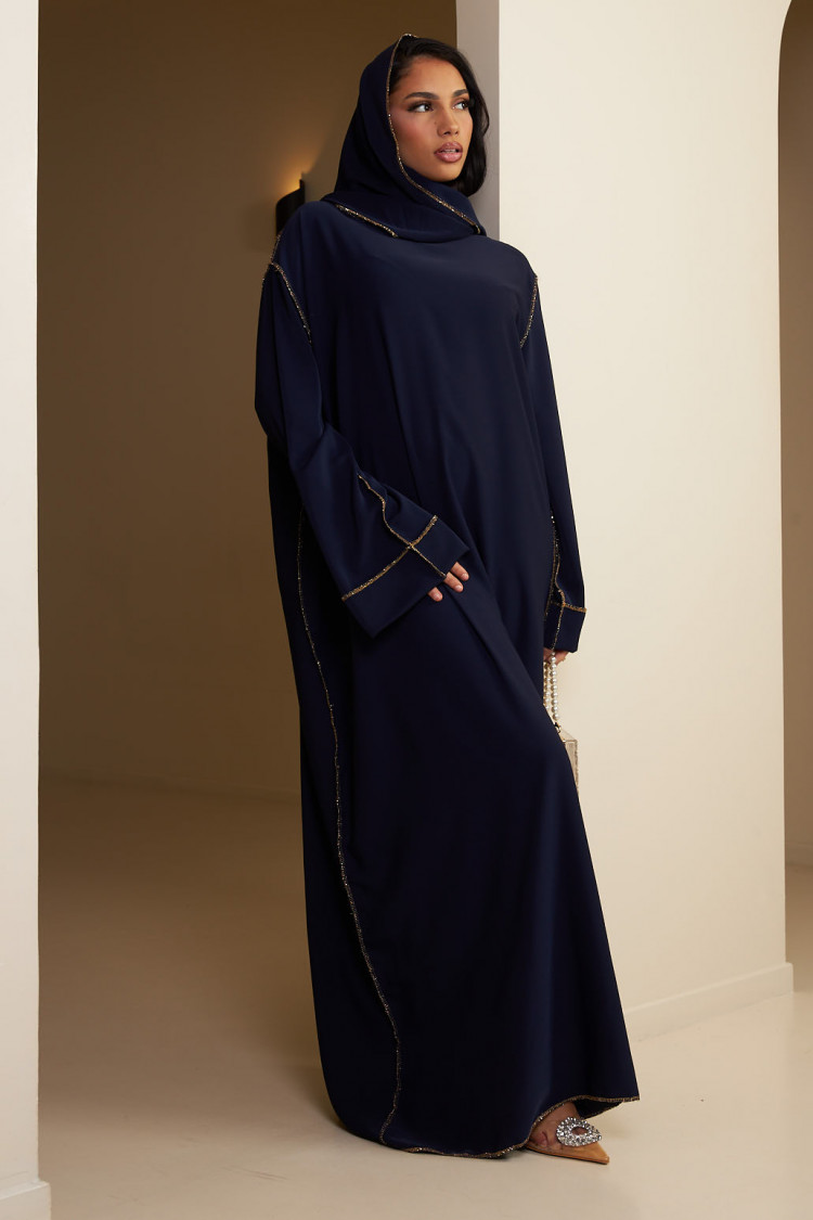Abaya bleu foncé avec voile intégré à couture dorée