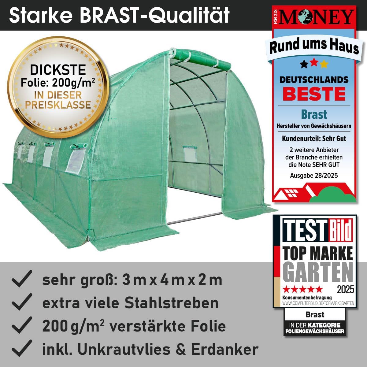 BRAST Gewächshaus Foliengewächshaus mit Stahlfundament | 2x3m - 3x8m | inkl. Erdanker Unkrautvlies & 8 Aufrollbare Fenster mit Moskitonetz | UV-stabilisierte Gitterschutzfolie 200g/m² | 300x400cm