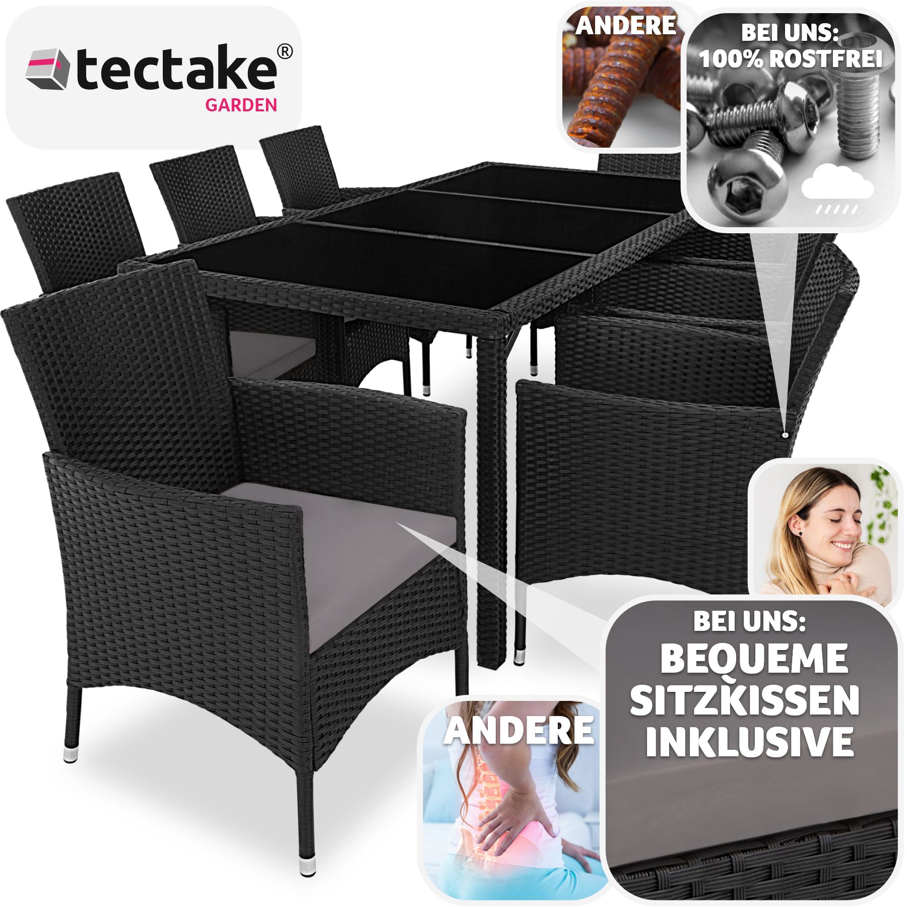 tectake® Rattan Sitzgruppe, für 8 Personen, UV-beständig, inklusive Schutzhülle