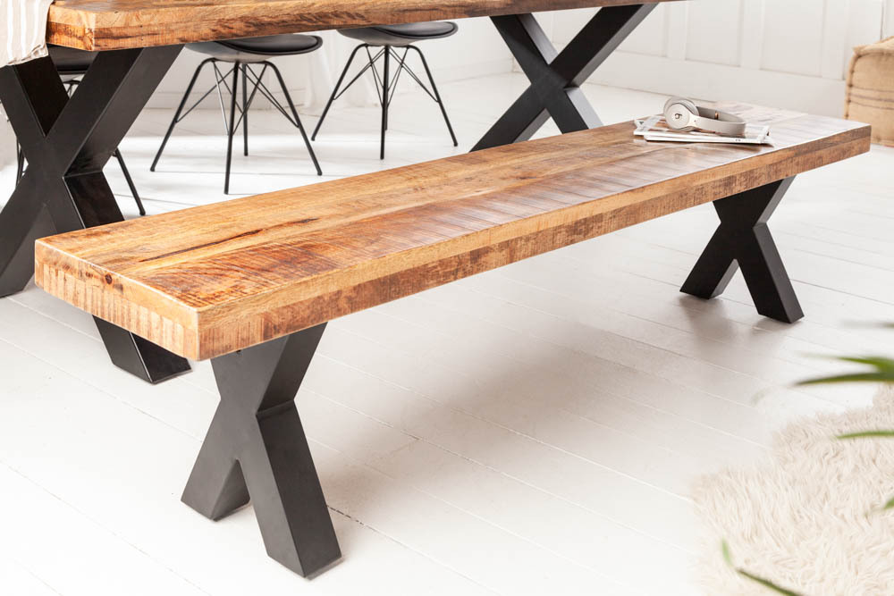 Industrial Sitzbank IRON CRAFT 200cm Mangoholz mit schwarzen X-Beinen