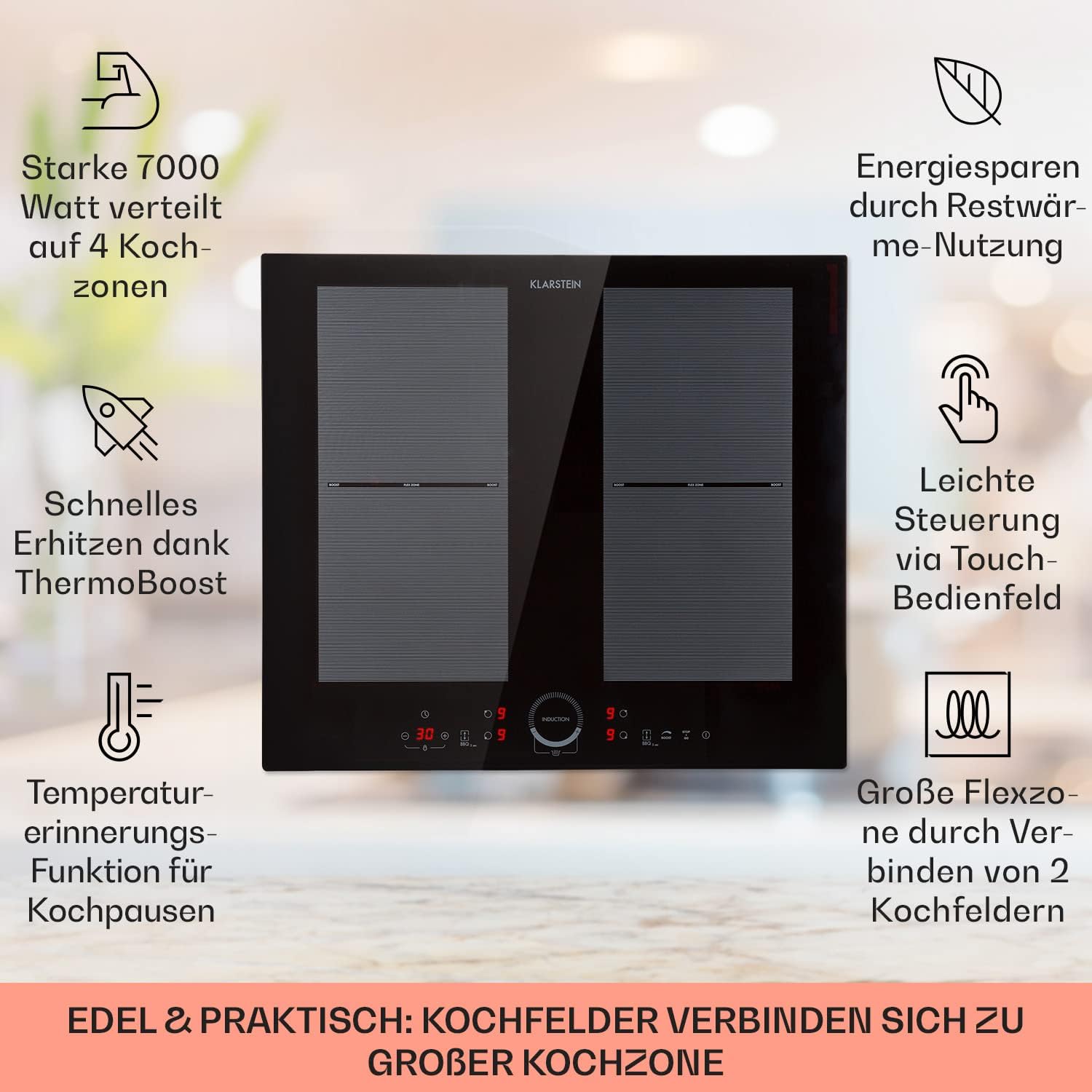 Klarstein Induktionskochfeld, Glaskeramik Kochfeld, mit 4 Platten, Einbau mit Touch-Display, Digitalanzeige und Timer-Funktion, Schnelles Aufheizen, 7000 Watt