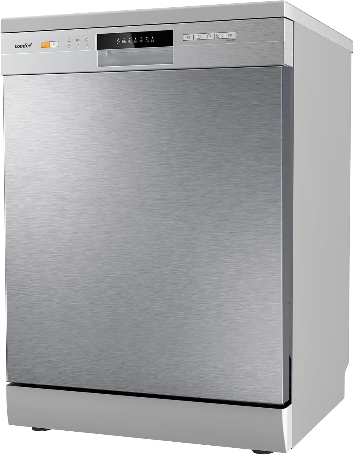 COMFEE' CDWPF1201PS Geschirrspüler freistehend, 60 cm, 12 Gedecke, Startzeitvorwahl, Halblast-Funktion, flexible Körbe, Edelstahl, 49 dB, Bedienung über Tasten