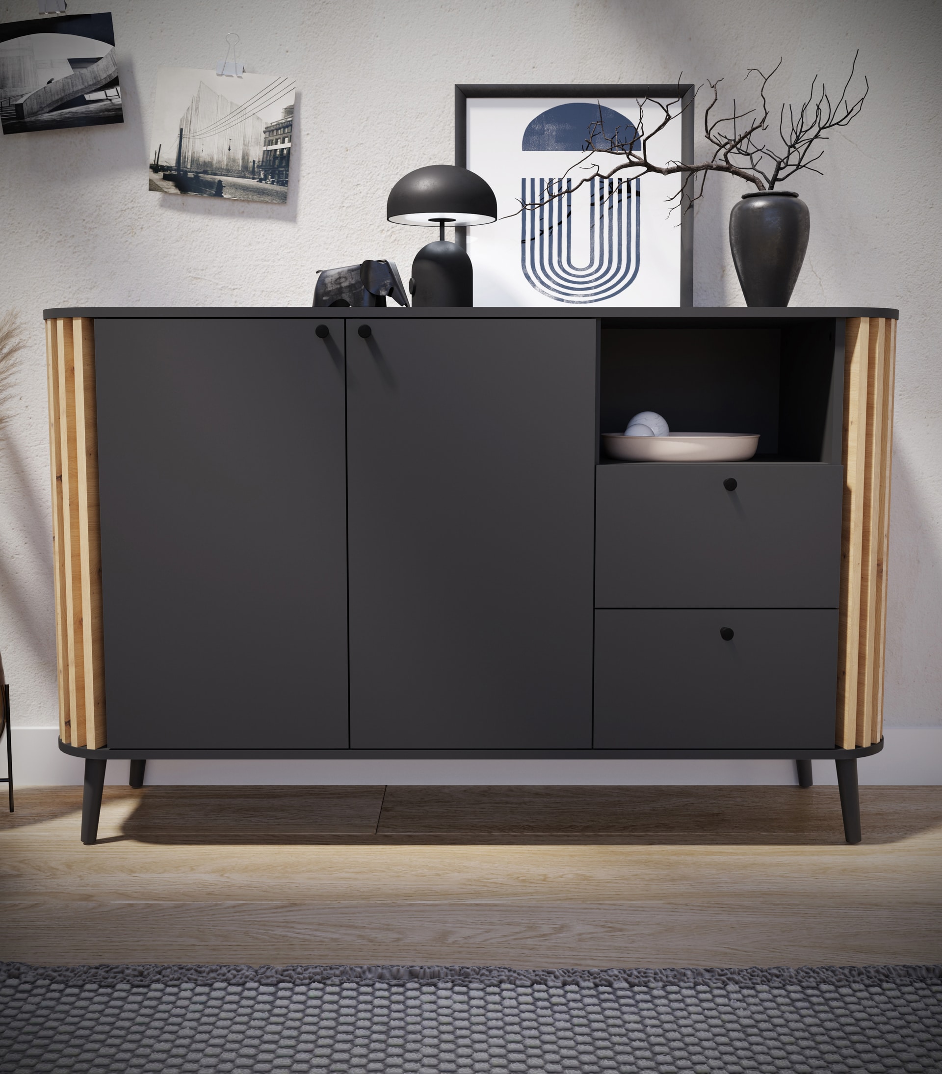 Sideboard PURE 138 x 88 cm grau-Dekor/Eiche-Dekor