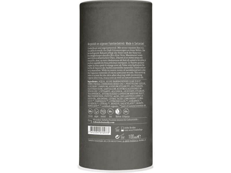 Farfalla After Shave Natural Balm Sandalwood 100 ml Besänftigender Balsam, feuchtigkeitsspendender Bio-Aloe vera